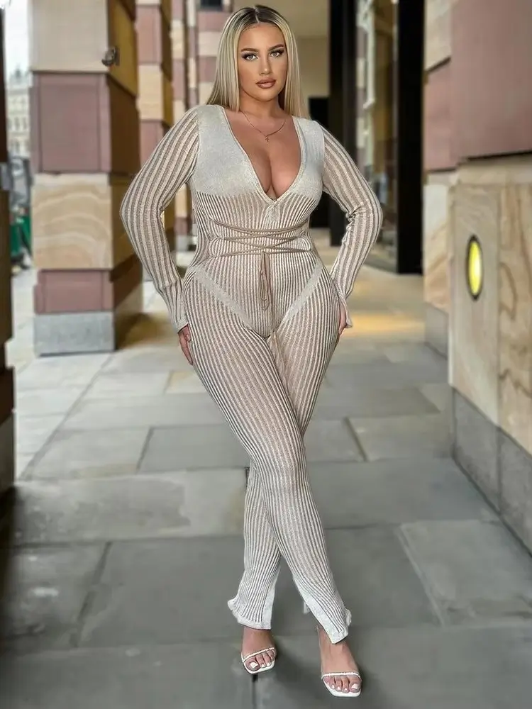 Casual Knit Stripe V-Neck Slim Fit Ankle-Length High Street Sweater Jumpsuits - Image 3