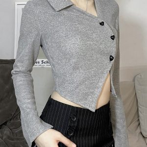Casual O-Neck Solid Full Sleeve Knitted Crop Top