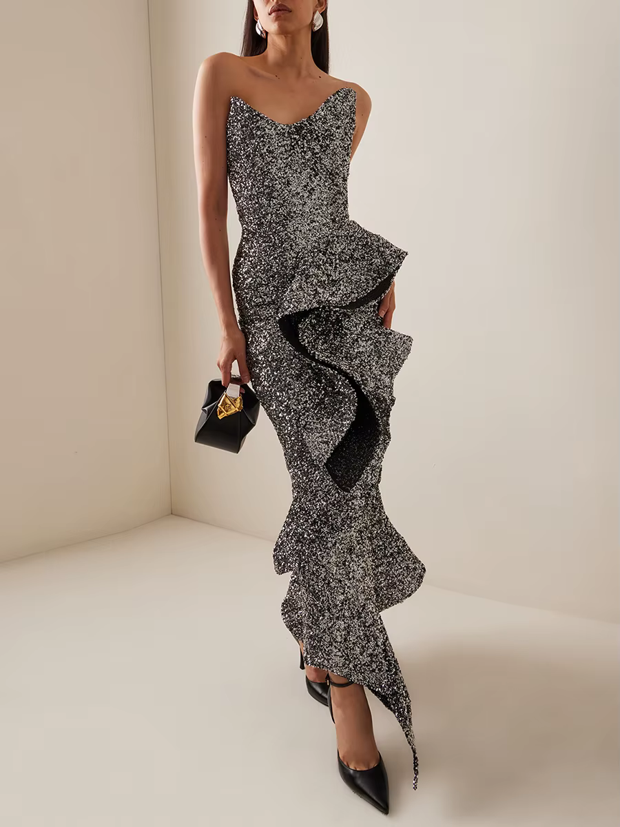 Casual Spliced Ruffles Strapless Sleeveless High Waist Temperament Dress