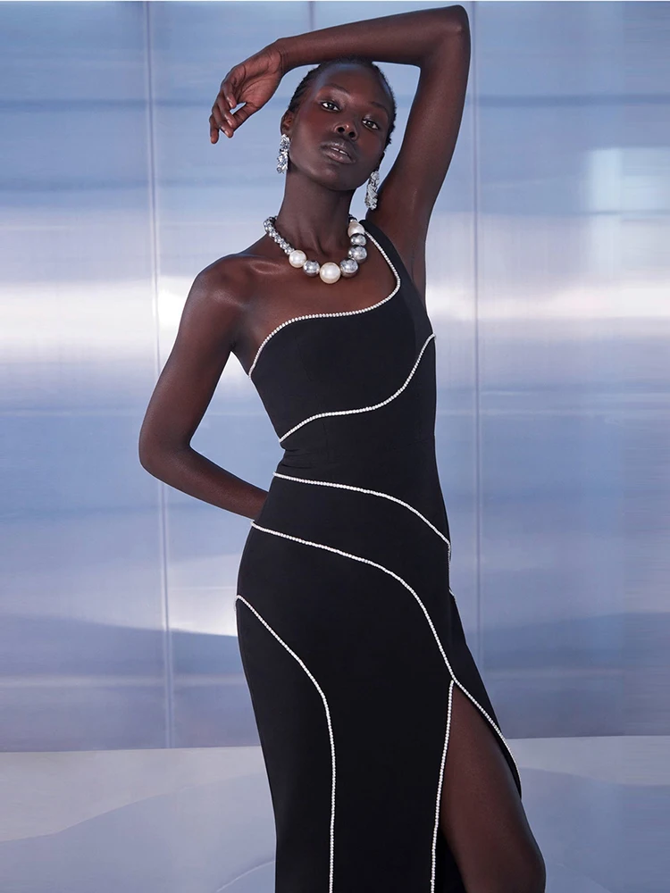 Luxury One Shoulder Chain Sleeveless Diamond Split Evening Club Party Bodycon Long Dresses - Image 6