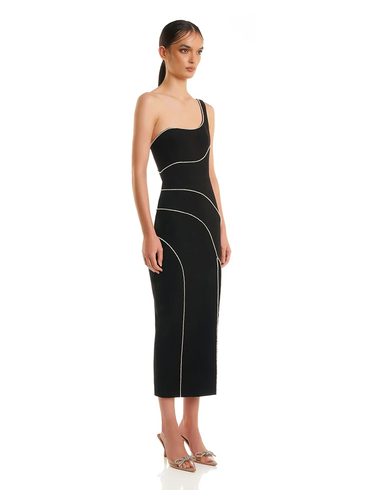 Luxury One Shoulder Chain Sleeveless Diamond Split Evening Club Party Bodycon Long Dresses - Image 2