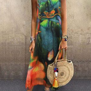 Short Sleeves Printed Straps Neck Polyester Floor Length Maxi Dresses