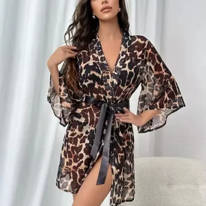 Trendy Belt Bath Robe Long Sleeve Leopard Kimono Sleepwear